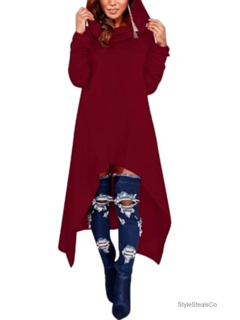 Asymmetric Hem Hoodie Tunic Dress Long Sleeve Muff Pockets Loose Fit